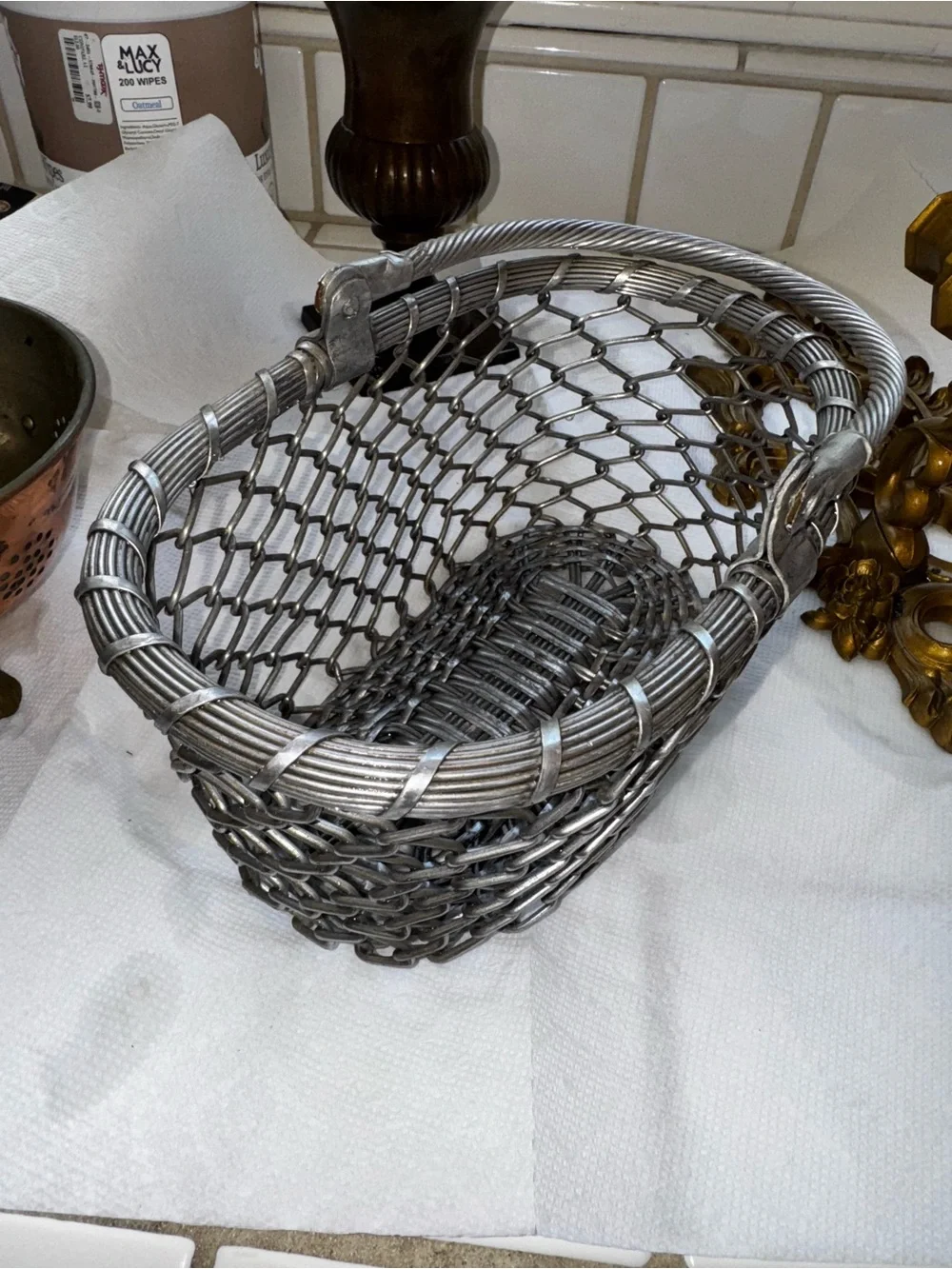 Metal Woven Basket Decorative Storage - Silver